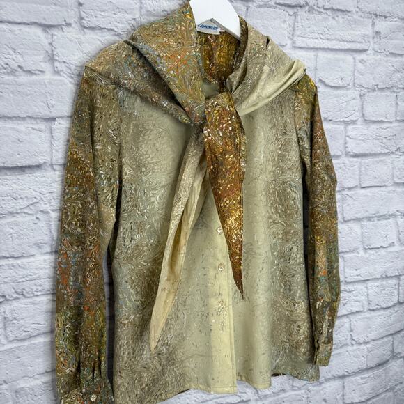 Vintage John Meyer Button Down Blouse Brown Paint Swirl Size S 70s Disco Scarf - Picture 2 of 6